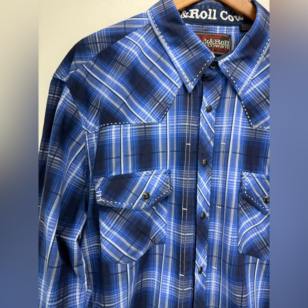 Rock & Roll Cowboy size XL Men’s Blue Plaid Pearl Snap Long Sleeve Western Shirt - Picture 2 of 9